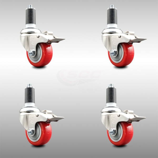 Service Caster 3 Inch 316SS Red Poly Swivel 1-1/4 Inch Expanding Stem Caster Set Lock Brake SCC-SS316TTLEX20S314-PPUB-RED-114-4 - main